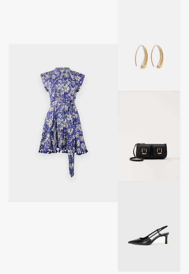 Niebieska sukienka w kwiaty z kołnierzykiem, krótkimi rękawami i podkreśloną talią. Posiada rozkloszowany dół i falbaniaste wykończenie oraz pasujący pasek.; Czarne lakierowane czółenka na obcasie typu slingback z wąskim noskiem, z teksturowanym wzorem wężowym, regulowanym paskiem oraz krótkim, teksturowanym obcasem w kształcie słupka.; Czarna skórzana torba na ramię z dwoma przednimi kieszeniami, złotymi klamrami, zamkiem błyskawicznym i cienkim paskiem. Teksturowana powierzchnia i kompaktowy prostokątny kształt.; Złote metalowe kolczyki w kształcie obręczy o zakrzywionym, wydłużonym kształcie. Posiadają gładką, błyszczącą powierzchnię oraz zaokrąglony koniec dla dodatkowego efektu.