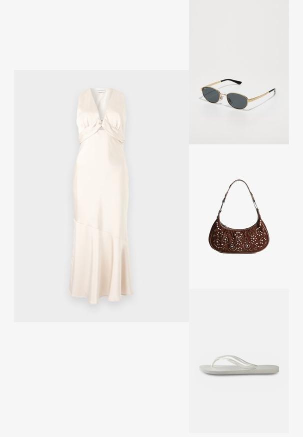Maxikleid aus Satin in sanftem Creme, mit tiefem V-Ausschnitt und gedrehten Oberteil, mit schwingendem Saum und glatter Textur.; Weiße Flip-Flops mit einer strukturierten Sohle, dünnen Riemen und einem flachen Design. Hergestellt aus Gummi mit einem dezenten Logo auf der Fußsohle.; Goldfarbene Metallsonnenbrille mit ovalen grauen Gläsern, dünnen Bügeln und schwarzen Kunststoffspitzen. Verfügt über ein Logo auf dem Rahmen und anpassbare Nasenpolster.; Braune Wildleder-Schultertasche in Halbmondform, verziert mit silbernen und goldenen runden Nieten in Blumen- und kreisförmigen Mustern.
