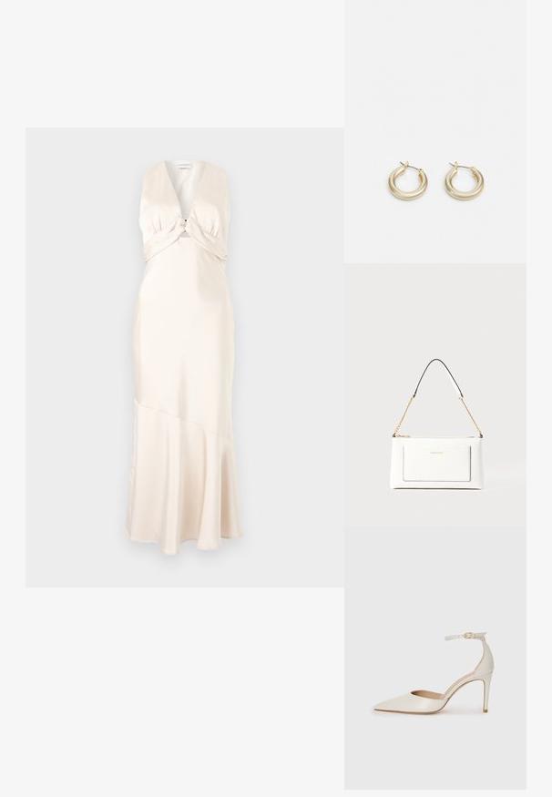 Pehmeast kreemist satiinist maksi kleit, millel on sügav V-kaelus ja keerutatud bodice detail, flared äärega ja sujuva tekstuuriga.; Valgete nahast kõrge kontsaga kingad, terava varbaga, ankle strapiga ja kitsaste stiletto kontsadega. Sile tekstuur koos peene läikega.; Valge nahast kott tekstureeritud viimistlusega, millel on kuldne kettling ja mustad aktsendid. Include eesmine tasku ja tõmblukk.; Lauren Ralph Lauren BASIC SMALL HOOP - Kõrvarõngad - gold-coloured