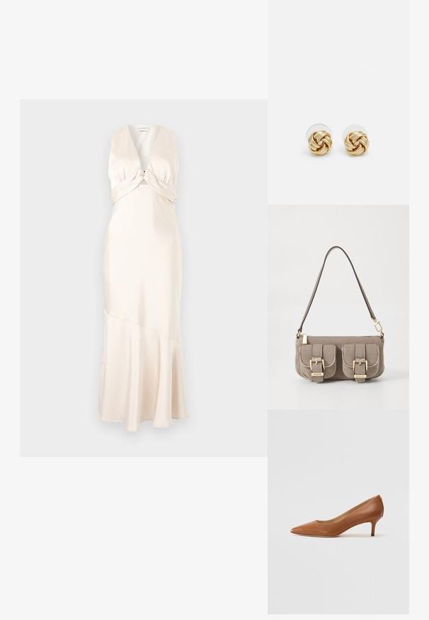Satinmaxiklänning i mjuk krämfärg, med djup V-ringning och tvinnad midjedetalj, med en utsvängd kjol och slät textur.; Lauren Ralph Lauren ADRIENNE - Pumps - deep saddle tan; Beige texturerad handväska med justerbar rem, två framfickor säkrade med spännen och guldiga detaljer. Dragkedjestängning upptill.; Orrhängen i guldton med en knutdesign. Varje örhänge har en cirkulär klar baksida för säker användning.