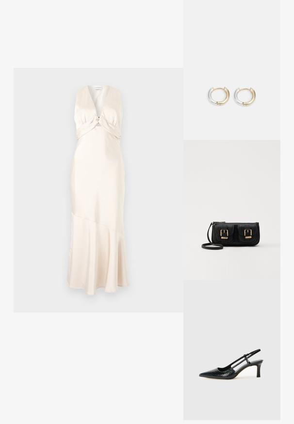Satin maxi suknelė švelniai kreminės spalvos, pasižyminti gilia V formos iškirpte ir sukurtu bodice detaliu, su platėjančia apatine dalimi ir lygiu paviršiumi.; Juodai lakuoti slingback aukštakulniai su smailiu nosiu, su tekstūruotu gyvatės raštu, reguliuojama juosta ir trumpu, tekstūruotu blokiniu kulnu.; Juodas odinis per petį nešiojamas krepšys su dviem priekiniais kišenėmis, auksiniais sagtimis, užtrauktuko uždarymu ir siauromis petnešomis. Textūruota paviršius ir kompaktiškas stačiakampis formatas.; Aukso ir sidabro žiedinės auskarai su mišriu metaliniu finišu, pasižymintys lygiu kreiviu dizainu ir besiūle uždaria.