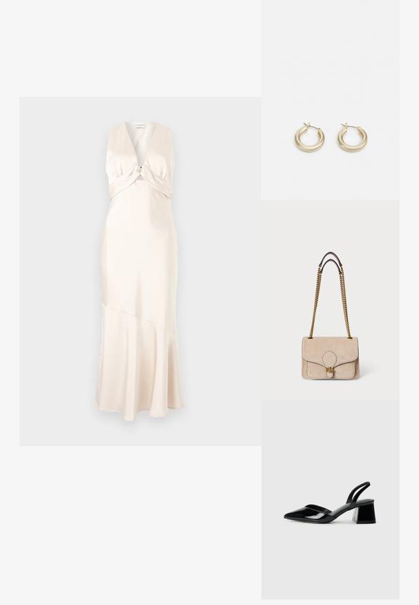 Maximekko sametissa pehmeän kermanvärisenä, jossa on syvä V-pääntie ja kierretty vartalo-osa, laajeneva helma ja sileä pinta.; Mustat patentoitu nahkakengät, joissa on säären takaosa ja terävä kärki, sekä geometrinen palikkakorko. Sisältää tyylikkään, minimalistisen muotoilun ja sileän pinnan.; Beige mokka käsilaukku kullankeltaisilla ketjuhihnoilla, rakenteellinen suorakulmainen muoto, ommeltu yksityiskohta ja kultainen logoväri edessä.; Lauren Ralph Lauren BASIC SMALL HOOP - Korvakorut - gold-coloured