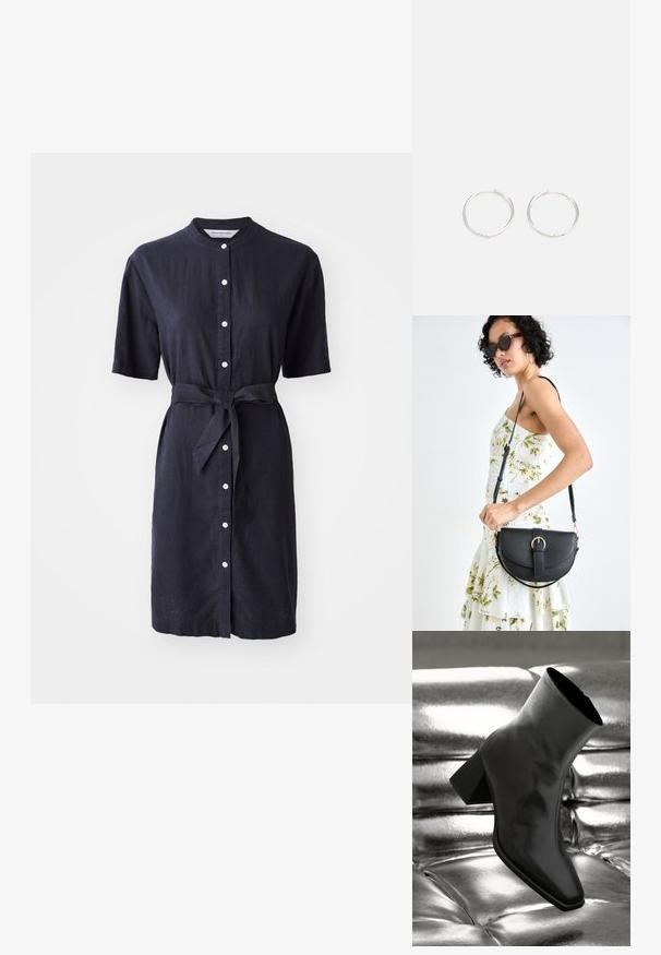 Rochie din in de culoare bleumarin, cu mâneci scurte, închidere cu nasturi pe față și o curea legată în talie. Prezintă nasturi albi și un design clasic al gulerului.; Cizme negre până la gleznă, realizate dintr-un material lucios, cu vârf pătrat și toc conic, plasate pe un fundal strălucitor de argint, cu un model tuftat.; Geantă din piele neagră, cu o formă curbată, curea detașabilă și accesorii aurii. Geanta are un capac cu un detaliu tip cataramă.; Cercei din argint cu un design elegant și rotund, având o suprafață netedă și fără embellismente vizibile. Diametrul nu este specificat.