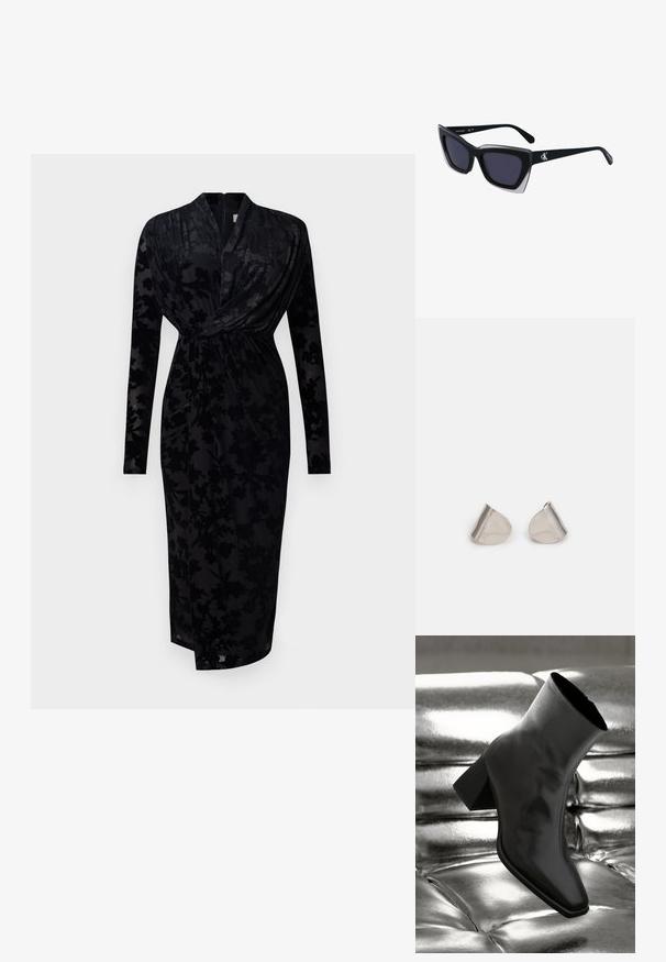 Diane von Furstenberg TAMRA czarny; Czarne botki za kostkę wykonane z błyszczącego materiału, z kwadratowym noskiem i zwężającym się obcasem, na tle błyszczącego srebrnego tapicerowanego tła.; Czarne, oversize okulary przeciwsłoneczne o geometrycznym kształcie, z ciemnymi soczewkami i kontrastującym szarym detalem na oprawie. Logo na ramieniu.; Srebrne metalowe kolczyki o gładkim, kroplowym kształcie i wypolerowanym wykończeniu. Delikatne grawerunki dodają szczegółów. Minimalistyczny design.