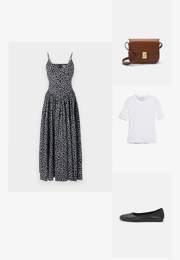 Black floral maxi dress with white accents, featuring thin straps, a fitted bodice, and a gathered, flowing skirt. Made of lightweight fabric.; White short-sleeve t-shirt made of ribbed fabric. Round neckline, regular fit, and subtle stitching details. No patterns or graphics.; Black leather ballet flat with a rounded toe, smooth texture, minimal stitching detail, and a flexible sole design.; Brown leather handbag with a flap closure, gold-tone hardware, a shoulder strap, and a smooth texture. Compact rectangular shape.