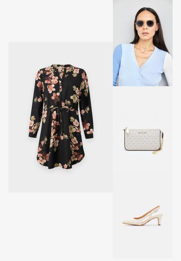 Črna obleka s cvetličnim vzorcem v roza in zlati barvi, z dolgimi rokavi, gumbnim zapiranjem spredaj in zategnjenim pasom z vrvico.; Bela slingback peta z ostrim nosom, gladka zgornja prevleka, nizka blok peta in zasnova z stranskimi izrezi ter nastavljivim trakom z zaponko.; Okrogle sončna očala s temnimi lečami in zlatimi okvirji. Model nosi svetlo modro, rebrasto jakno s gumbi in belimi rokavi v kontrastni barvi.; Michael Kors denarnica v bež lakiranem platnu z mišičnim vzorcem ponavljajočega se logotipa MK, z zlatim okovjem in snemljivo verižico.
