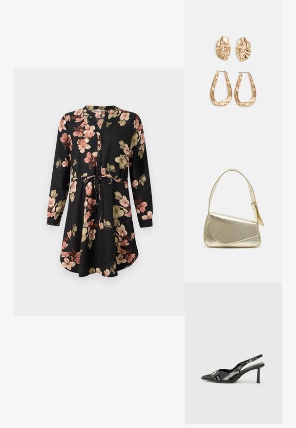 Mustaga rohkete lilledega mustriga kleit roosa ja kuldse tooni kombinatsioonis, millel on pikad varrukad, nööbitav eesmine osa ja vöö peal oleval lipsu kinni sidumise võimalus.; Must musta nahk kingad sanga ja terava ninaga, ankle strapidega, millel on hõbedased pandlad ja riistvara ning õhuke konts.; Kuldmetallist käekott, millel on struktureeritud disain, sile tekstuur ja reguleeritav rihm. Omab ainulaadset kolmnurkset kuju ja minimalistlikku õmblust.; Kuldse värvi kõrvarõngad, mis on kaunistatud tekstuursete ja laineliste kujunditega. Komplektis on skulpturaalsed klamber kõrvarõngad ja avatud rõngasdisain, millel on lõhestatud viimistlus.