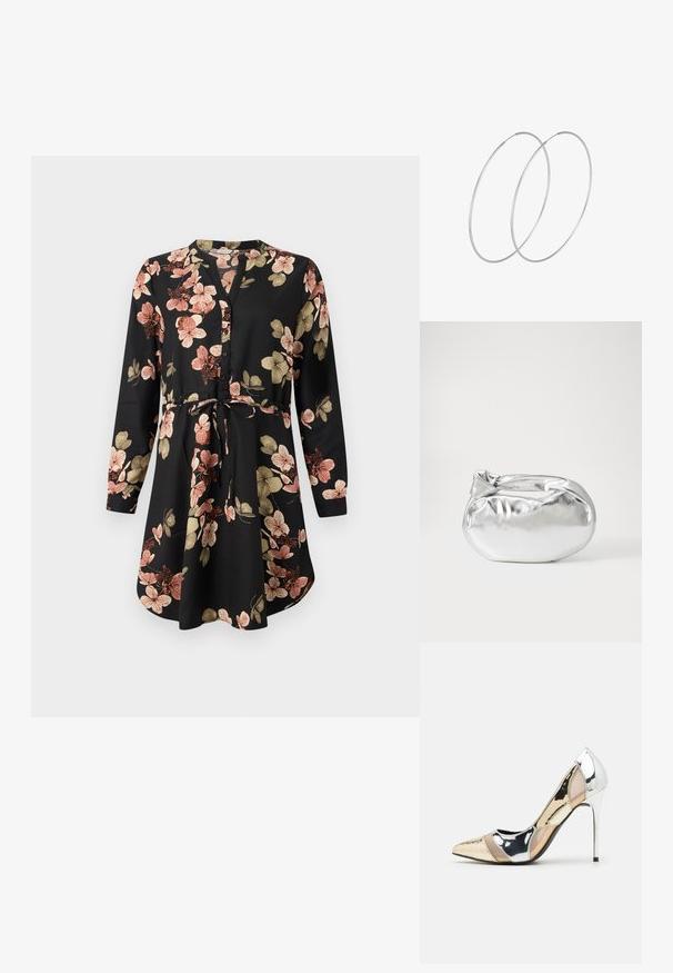 Crna haljina s cvjetnim uzorkom u ružičastoj i zlatnoj boji, sa dugim rukavima, kopčanjem sprijeda i strukom naglašenom vezanjem.; Cipele s visokom potpeticom i špicastim vrhom u srebrnoj, zlatnoj i nude boji. Sjajan finiš s izrezbarenim dizajnom, s potpeticom u obliku stiletto.; Srebrna metalik torbica s mekim, zaobljenim oblikom i čvorastim zatvaranjem na vrhu. Izrađena od glatke sintetičke kože.; Srebrne okrugle naušnice s minimalističkim dizajnom. Kružni oblik, glatka tekstura i tanak profil. Lagane s poliranim završetkom.