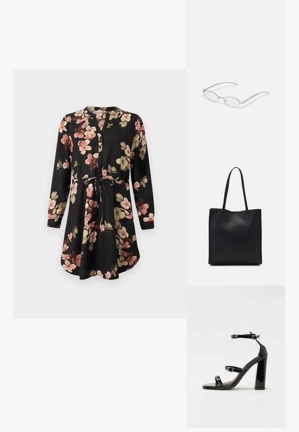 Rochie neagră cu un model floral în nuanțe de roz și auriu, având mâneci lungi, un decolteu cu nasturi și o talie strânsă cu o fundă.; Sandale cu toc din patent negru, cu vârf pătrat, curele la gleznă și catarame din argint. Dispune de un toc gros pentru stabilitate.; Ochelari ovali cu o ramă metalică argintie, lentile clare și accente texturate cu mărgele pe brațe. Design ușor cu brațe curbate.; Geantă tote neagră din piele, cu textură netedă, formă rectangulară și două mânere lungi. Fără hardware vizibil sau ornamente.