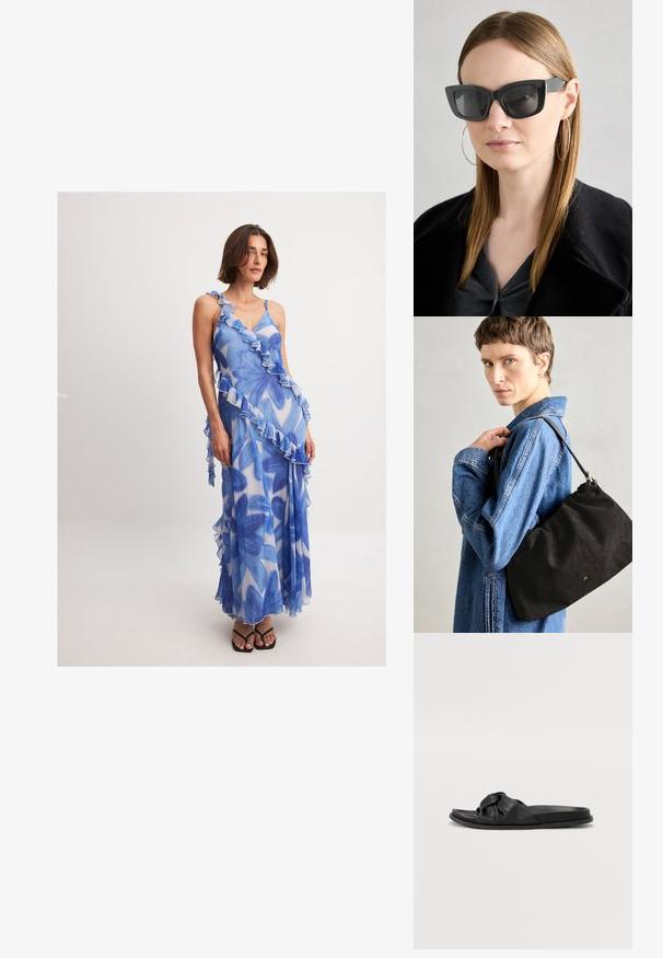 NA-KD RUFFLE DETAIL - Maksikleit - white blue floral; Mustad musta nahast liugjalatsid, millel on sõlmedega rihmad. Tasane talla, sile tekstuur ja minimalistlik stiil.; Must musta prillid tumedate läätsedega, paksude raamidega ja tagasihoidlike aktsentidega. Kantud musta jope ja halli särkiga, pikki sirgeid juukseid kandes.; Must mustrakk mustrahk, pehmea ja struktureeritud kuju, õhukese nahkrihmaga ja peene kaubamärgi logoga. Mudel kannab teksajakki.