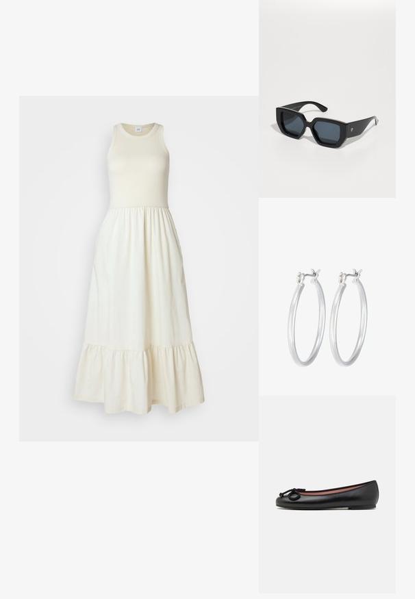 Gap Tall MIDI DRESS - Kasdienė suknelė - beige; Juodo odinio baleto batelio su apvalia nosimi, dekoratyvine juostele ir lygiu paviršiumi. Minimalistinis dizainas su žemu, plokščiu padu.; Juodos didelės saulės akinių su geometriniu raštu, stačiakampiais objektyvais ir blizgiu paviršiumi. Nėra matomo prekės ženklo priekyje.; Sidabriniai auskarai su sklandžiu, poliruotu paviršiumi. Apvalios formos ir saugus uždarymo mechanizmas. Lengvas dizainas, tinkantis kasdieniam dėvėjimui.