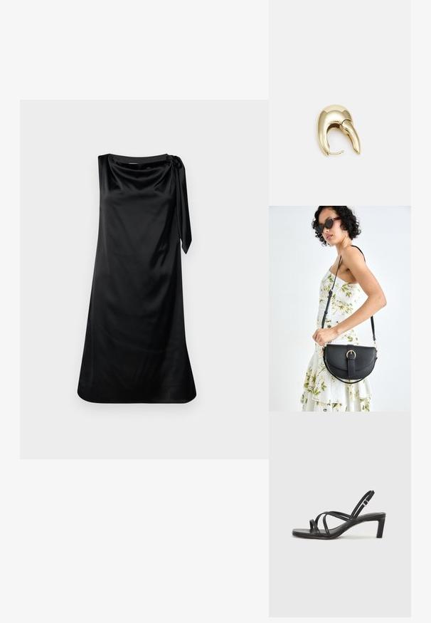 Juodas satino suknelė su laisvu siluetu, drapiruotu kaklu ir šoniniu raiščiu. Lygi tekstūra ir iki kelių siekianti forma.; Juodi šlepetės su kvadratiniu pirštu ir žemu bloku kulnu. Yra keli ploni dirželiai ir reguliuojamas kulkšnies diržas. Pagaminti iš lygios odos.; Juodas odinis krepšys su išlenkta forma, nuimamu dirželiu ir auksiniais detalėmis. Krepšys turi kilpą su sagtimi.; Aukso tono metalinės auskarai su stilingu, kreiviu dizainu. Išsiskiria ryškiu smailiu pavidalu, poliruota paviršiumi ir užsegimu su vyriu.