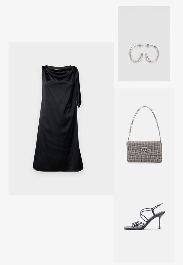 Juodas satino suknelė su laisvu siluetu, drapiruotu kaklu ir šoniniu raiščiu. Lygi tekstūra ir iki kelių siekianti forma.; Juodos aukštakulnės sandalai pasižymi plonyčiais dirželiais su mazgo dizainu, lygiu kvadratiniu pirštu ir elegantišku stiletto kulnu.; Šviesiai pilka metalinė rankinė su grandinėlės dirželiu, papuošta mažais apvaliais metaliniais smeigėmis ir trikampiu prekės ženklu.; Sidabriniai lankelio formos auskarai su lygiu, blizgiu paviršiumi, išlenktos formos ir su užsegimu. Minimalistinio dizaino su moderniu apdaila.
