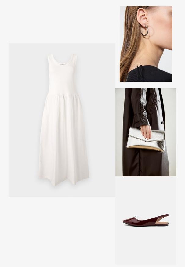 White, sleeveless maxi dress with a round neckline, fitted bodice, and gathered skirt, made from soft, smooth fabric.; Burgundy patent slingback flats with a pointed toe, transparent cutout, and a flat black sole. Smooth texture, minimalist design.; Silver metallic clutch with an angular envelope design, smooth texture, and contrasting interior color, held in a hand wearing a black coat.; Silver hoop earring with a polished finish, featuring small gold accent details and a round shape, worn on the lobe.