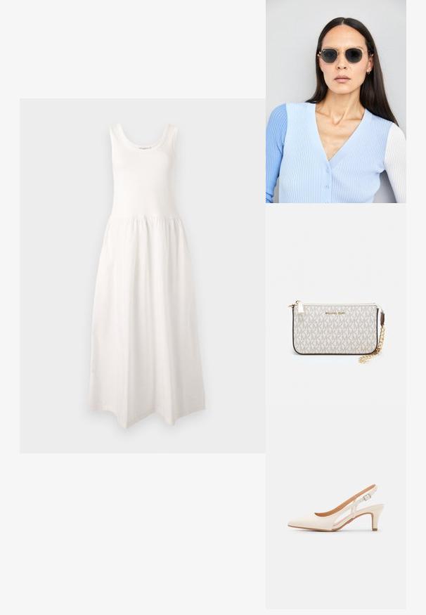 Weißes, ärmelloses Maxikleid mit rundem Ausschnitt, tailliertem Oberteil und gerafftem Rock, aus weichem, glattem Stoff gefertigt.; Weiße Slingback-Absätze mit spitzer Zehenpartie, glattem Obermaterial, niedrigem Blockabsatz und seitlichem Ausschnitt-Design mit verstellbarem Schnallenriemen.; Runde Sonnenbrillen mit dunklen Gläsern und goldenen Rahmen. Das Modell trägt eine hellblaue, gerippte Strickjacke mit Knöpfen und weißen Kontrastärmeln.; Michael Kors Clutch in beige beschichtetem Canvas mit einem wiederholten MK-Logo-Muster, goldfarbener hardware und einem abnehmbaren Kettenriemen.