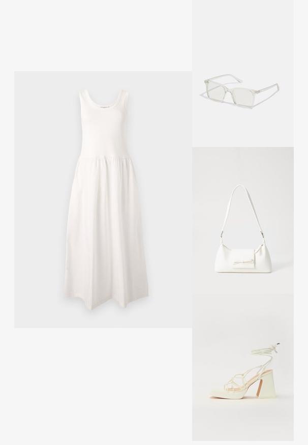 Biela, bezrukávová maxi šaty s okrúhlym výstrihom, priliehavým telom a nariasenou sukňou, vyrobené z jemnej, hladkej tkaniny.; Biele sandále na vysokom opätku s hrubým podpätkom, s pruhovaným dizajnom a viazaním na členku. Hladký povrch s platformou vpredu pre zvýšenú výšku.; Priehľadné plastové okuliare s námestovými rámami a priehľadnými šošovkami, s kultivovanými zlatými akcentmi na spánkoch pre zvýraznenie detailov.; Biela syntetická kabelka s trojuholníkovým tvarom, plochým predným klapkou a detailom mašle, nastaviteľným popruhom, hladkou textúrou a minimalistickým dizajnom.