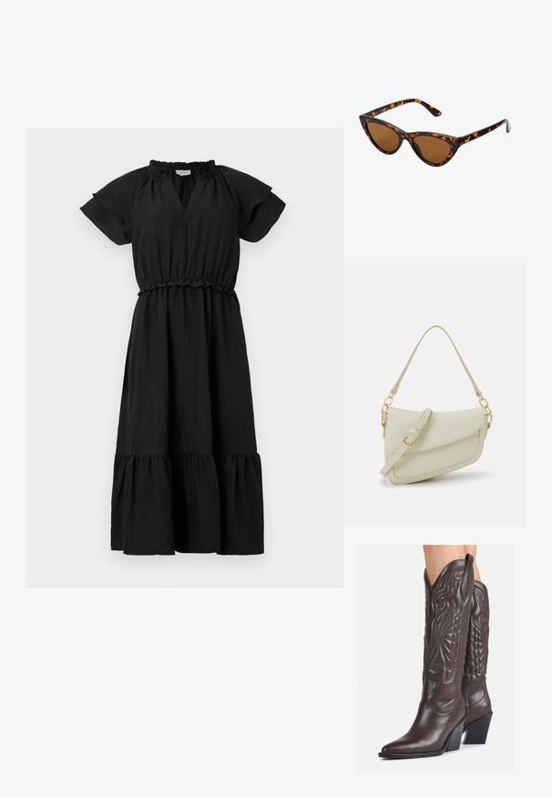 Crna haljina s kratkim, lepršavim rukavima, V-izrezom, elastičnim pojasom i višeslojnim, volanastim suknjom. Napravljena od lagane tkanine.; Smeđe kožne kauboj čizme s šiljastim vrhom i blok-potpeticom, s detaljno izvezenim šavovima i uzdignutim naglascima na okovu.; Sunglasses u obliku mačjih očiju s okvirom u crno-narančastom kornjačevom uzorku, smešnim lećama i elegatnim, šiljastim vrhovima. Sadrži minimalni logo na dršci.; Mala krem torbica s teksturiranim finišom, dugačkim podesivim remenom, lančanim detaljem i preklopom. Zlaćani hardver.