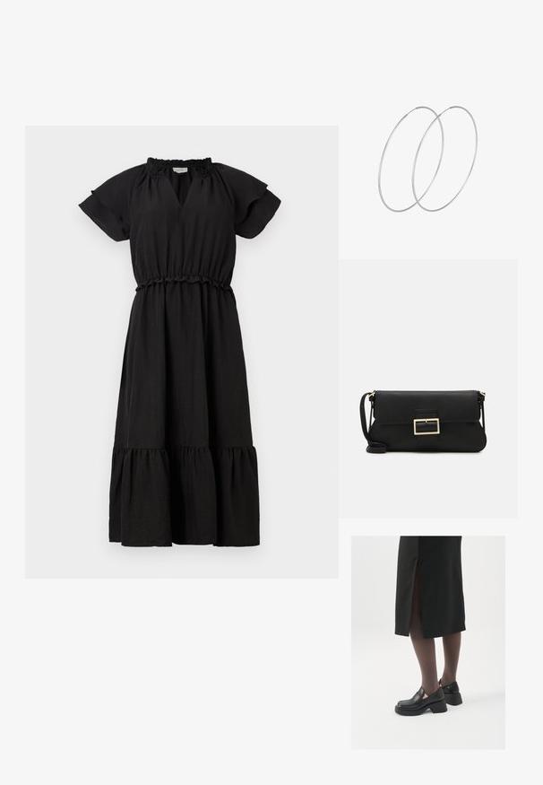 Črna obleka s kratkimi, letečimi rokavi, V-izrezom, elastičnim pasom in stopnjevasto, nabranim krilom. Narejena iz lahkotnega materiala.; Črne usnjene čevlje s zaobljenim prstom, debelim blokastim petama in elastičnimi stranskimi detajli, v kombinaciji s temno nogavicami in črno krilo z razporkom.; Črna usnjena torbica na preklop z zlato kovinsko zaponko. Vključuje črn trak in eleganten, minimalističen dizajn.; Srebrne uhane v obliki obroča z minimalističnim dizajnom. Krožna oblika, gladka tekstura in tanek profil. Lahki s poliranim zaključkom.