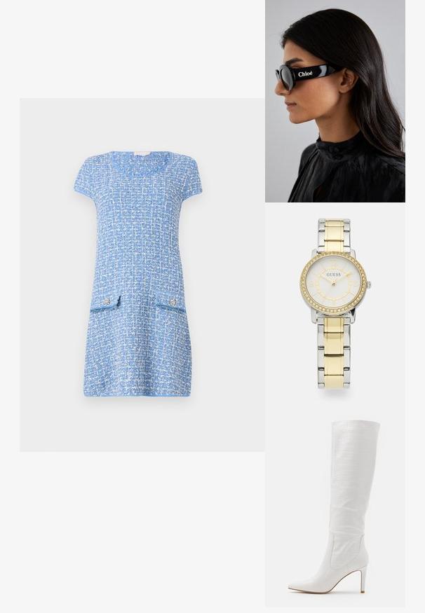 Hellblaues Kleid mit strukturiertem Muster, kurzen Ärmeln, rundem Ausschnitt und zwei Vorder- Taschen mit dekorativen Knöpfen.; RAID TRIBUTE - High Heel Stiefel - white; Schwarze Sonnenbrille mit runden Gläsern und kräftigen, kantigen Rahmen, auf deren Seite die Marke "Chloé" in Weiß angebracht ist. Glatte, glänzende Oberfläche.; Runde Armbanduhr aus Edelstahl mit einem Armband aus silbernen und goldenen Metallgliedern. Das weiße Zifferblatt weist goldene Akzente auf und wird von einem mit Kristallen verzierten Gehäuse umrahmt.