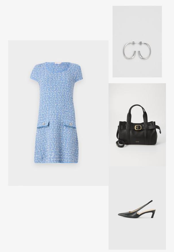 Vestido azul claro con un patrón texturizado, mangas cortas, escote redondo y dos bolsillos delanteros con botones decorativos.; Zapato negro de punta afilada tipo slingback con un tacón bajo, que presenta un material de cuero suave y un diseño recortado en el lateral para mayor transpirabilidad.; Bolso de cuero negro con un diseño estructurado, doble mango superior, detalle de hebilla en tono dorado y logo de la marca grabado en la parte frontal.; Aros de plata en forma de aro con un acabado liso y brillante. Diseño redondeado y ligero, con cierre de tipo post-back.