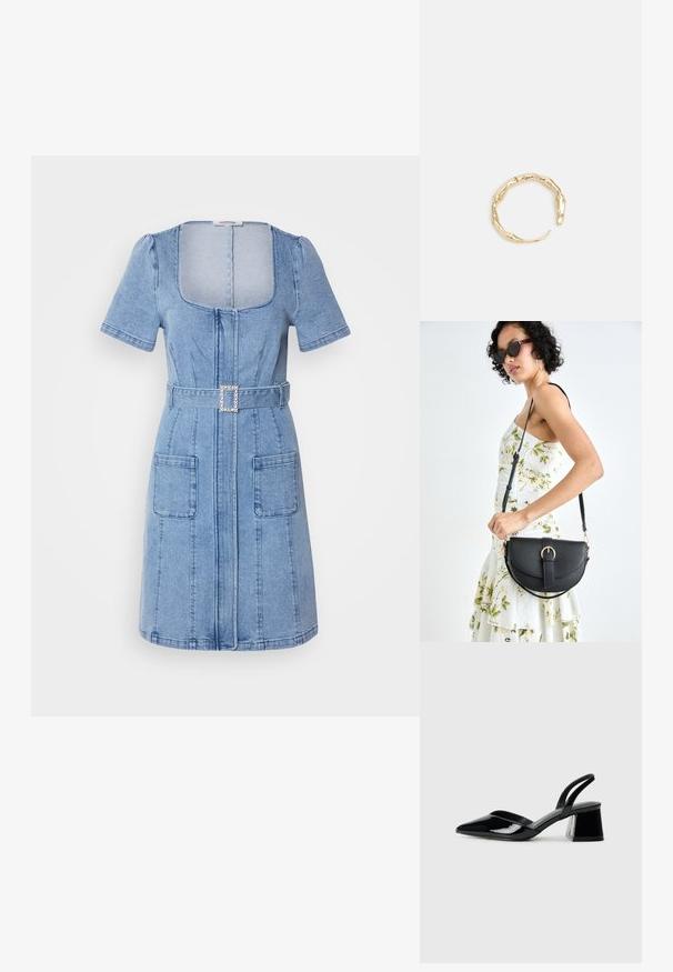 Šviesiai mėlynas džinsinis suknelė su trumpomis pūstomis rankovėmis, kvadratiniu iškirpimu, priekiniais užtrauktukais, dviem didelėmis kišenėmis ir diržu su kvadratiniu blizgučių sagtimi.; Juodos lakuotos odinės šlepetės su smailiu pirštu ir geometriniu bloko kulnu. Turi elegantišką, minimalistinį dizainą ir lygų paviršių.; Juodas odinis krepšys su išlenkta forma, nuimamu dirželiu ir auksiniais detalėmis. Krepšys turi kilpą su sagtimi.; Auksinės spalvos žiedas, turintis organišką, sukimosi dizainą su lygiu paviršiumi ir siaurėjančiais galais, sukuriantis modernią skulptūrinę išvaizdą.