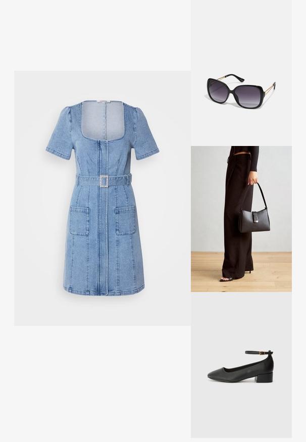 Vaaleansininen farkkumekko, jossa on lyhyet puffihihat, neliönmuotoinen pääntie, etuvetoketju, kaksi suurta taskua ja vyö, jossa on neliönmuotoinen kimalteellinen solki.; Mustat nahkakengät, joissa on terävä kärki ja matala lohkare korko. Varustettu nilkkahihnalla, jossa on kultasävyinen solki. Lisää sileä pinta.; Mustat ylisuurten kehysten aurinkolasit, joissa on liukuväri-linssit, paksut kehykset ja kultasävyiset ketjustuskoristeet temppeleissä.; Musta käsilaukku, jossa on rakenteellinen muoto, sileä pinta ja metallinen solki. Yhdistetty leveisiin mustiin housuihin ja avonaiheisiin sandaaleihin puulattialla.