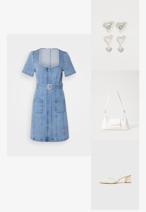 Rochie din denim albastru deschis, cu mâneci scurte tip puff, decolteu pătrat, fermoar frontal, două buzunare mari și o curea cu cataramă pătrată din pietre strălucitoare.; Pantofii albi cu toc slingback, cu vârful ascuțit, textură netedă și toc pătrat. Au o curea subțire în spate pentru o fixare sigură.; Geantă sintetică albă, cu formă triangulară, capac frontal plat și detaliu cu fundă, curea ajustabilă, textură netedă și design minimalist.; Cerceii în formă de inimă argintie sunt decorați cu pietre clare fațetate, având un cadru texturat. Setul include stiluri cu buton și cu pandantiv.