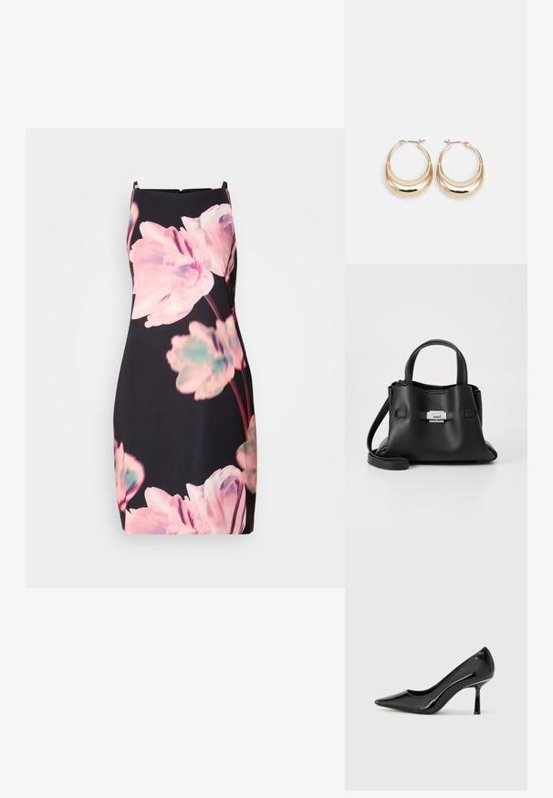 Bezrukávové šaty z tmavého materiálu s veľkými ružovými a tyrkysovými kvetinovými motívmi. Priliehavý strih s diskrétnym zipsom na zadnej strane.; Čierne lakované vysoké podpätky s špicatou špicou, elegantným dizajnom a štíhlym stiletto podpätkom, s hladkou, lesklou textúrou.; Čierna kožená kabelka s textúrovaným povrchom, ktorá má dve vrchné rukoväte, odnímateľný popruh cez rameno a strieborný uzáver.; Zlaté kruhové náušnice s polmesiacovým tvarom, lešteným povrchom a pántovým uzáverom. Hladká textura a reflexný lesk zvyšujú viditeľnosť.