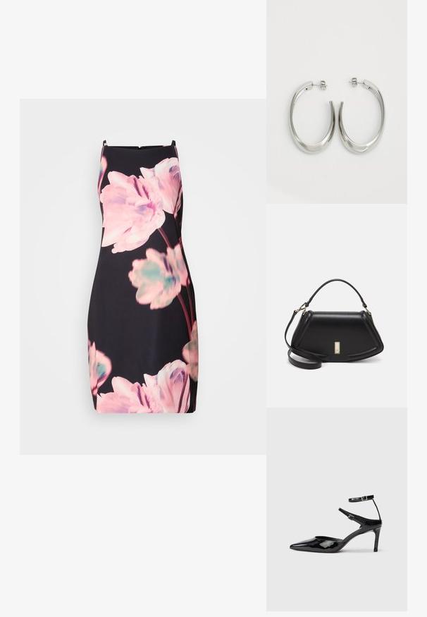 Sukienka bez rękawów w ciemnym materiale z dużymi różowymi i turkusowymi kwiatowymi wzorami. Dopasowany krój z dyskretnym zamkiem błyskawicznym z tyłu.; Czarne lakierowane szpilki z ostrym noskiem, regulowanymi paskami wokół kostki i smukłą szpilką. Gładka tekstura z błyszczącym wykończeniem.; Czarna skórzana torebka o strukturalnym designie, z przyciętą formą, górnym uchwytem i złotymi akcentami. W zestawie regulowany pasek na ramię.; Srebrne kolczyki-hoop o gładkim, zakrzywionym designie. Posiadają błyszczące metaliczne wykończenie i zapięcie na sztyft. Brak widocznych wzorów lub akcentów.