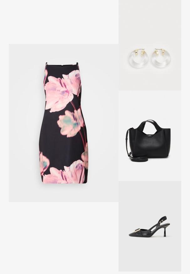 Sleeveless dress in a dark fabric featuring large pink and teal floral prints. Fitted shape with a discreet back zipper detail.; Black leather slingback shoe with pointed toe, slender heel, and gold-tone hardware accent on the vamp. Smooth texture and structured design.; Black leather handbag with textured finish, angular shape, dual handles, and an adjustable shoulder strap. Features a DKNY logo accent.; Clear acrylic hoop earrings with gold-tone metal accents and a polished finish. Features a smooth, circular design.