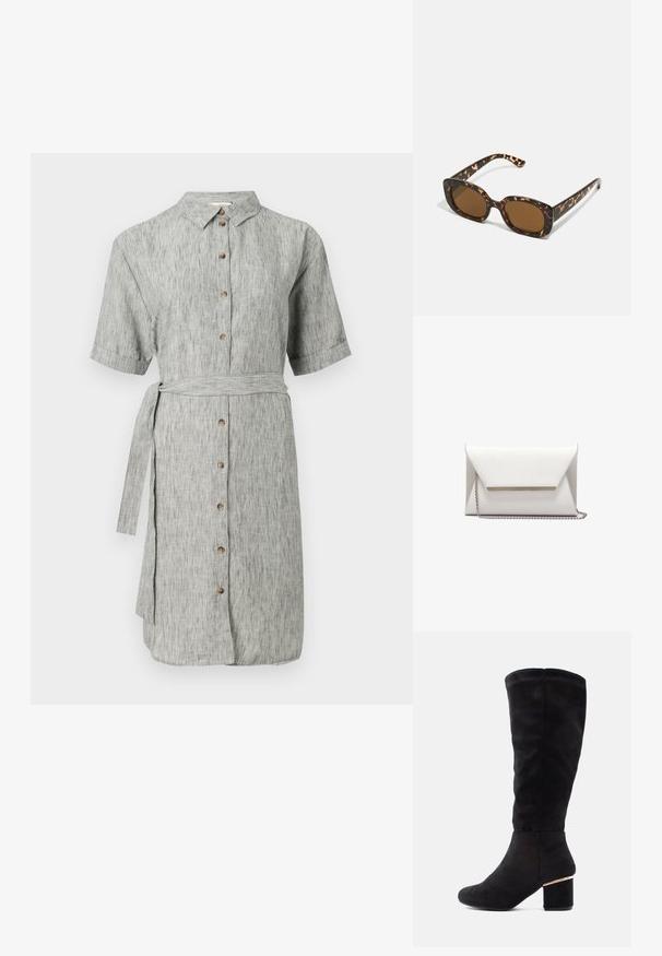Šedé ľanové šaty košeľového strihu s krátkymi rukávmi, gombíkovým zapínaním a opaskom v páse. Majú jemnú textúru a rovný siluetu do kolien.; Čierne čižmy po kolená vyrobené z jemnej semišovej látky, s robustným blokovým podpätkom a zlatým akcentom. Hladká textúra, zaoblený tvar špičky.; Slnečné okuliare v tortoiseshell štýle s okrúhlym, robustným rámom a hnedými šošovkami. Má jemné vzory a rovné, zoštíhlené ramená.; Biela obálková kabelka vyrobená z hladkej kože, so strieborným reťazcom a kovovým akcentom na prednej strane. Minimalistický dizajn a trojuholníkový tvar.