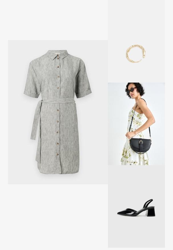 Halli linast kleit lühikeste varrukatega, nööpidega ees ja vöödiga taljes. Omab peent tekstiuri ja sirget, põlvepikkust siluetti.; Mustad musta lakknahk kingad, millel on terav varvas ja geomeetriline plokkkonts. Omab elegantselt minimalistlikku disaini ja sujuvat tekstuuri.; Mustmust mustraha kõverate joontega, eemaldatava rihmaga ja kuldsete detailidega. Kotil on klapp, millel on pandladetail.; Kuldtoonis sõrmus, millel on orgaaniline, keerdunud disain sileda tekstuuri ja kitsenevate otstega, luues kaasaegse skulptuurilise välimuse.