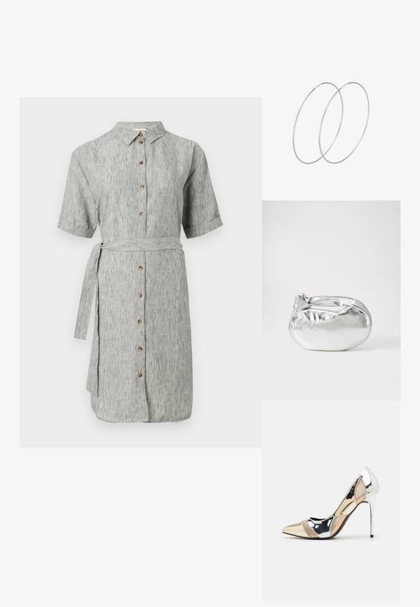 Siva lanena srajčna obleka s kratkimi rokavi, gumbi spredaj in pasom. Ima subtilno teksturo in ravno silhueto do kolen.; Čevlji z visoko peto in konico, v barvni kombinaciji srebrne, zlate in nude. Sijajna obdelava z izrezljanim dizajnom, z igličasto peto.; Srebrna kovinska torbica z mehko, zaobljeno obliko in zavezano zgornjo zaporo. Narejena iz gladkega umetnega usnja.; Srebrne uhane v obliki obroča z minimalističnim dizajnom. Krožna oblika, gladka tekstura in tanek profil. Lahki s poliranim zaključkom.
