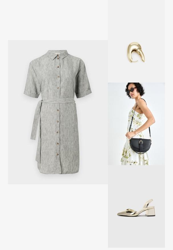 Szürke len ingruha rövid ujjakkal, gombos elülső résszel és övvel a deréknál. Finom textúrával rendelkezik és egyenes, térd feletti sziluetttel bír.; Arany, fémből készült slingback sarkú cipők hegyes orral és vastag sarokkal. Simaság, minimalista design és keskeny pánt jellemzi.; Fekete bőrtáska ívelt formával, levehető pánttal és arany színű fémrészekkel. A táskán egy csattal díszített fedél található.; Aranyszínű fém fülbevaló, elegáns, ívelt formával. Különleges hegyes alak, fényes felszín és zsanéros záródás jellemzi.