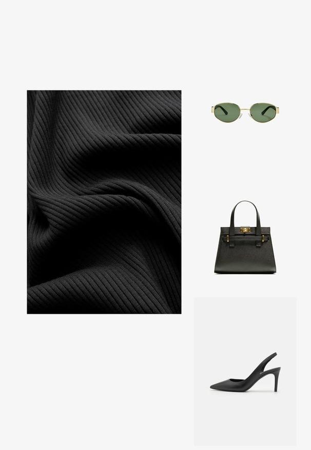 Czarna prążkowana tkanina o gładkiej strukturze, z pionowymi rowkami i opadającymi fałdami, tworząca warstwowy wygląd.; Czarne skórzane sandały na obcasie z noskiem w szpic, z wycięciem z przodu i cienkim obcasem typu stiletto.; Złote okulary przeciwsłoneczne w metalowej oprawie z zielonymi soczewkami, o owalnym kształcie, czarnymi zausznikami i przezroczystymi noskami. Czysty, minimalistyczny design.; Czarna torebka na ramię o teksturowanej powierzchni z krótkimi uchwytami, z złotym zapięciem i akcentami. Projekt jest zorganizowany, o geometrycznej sylwetce.