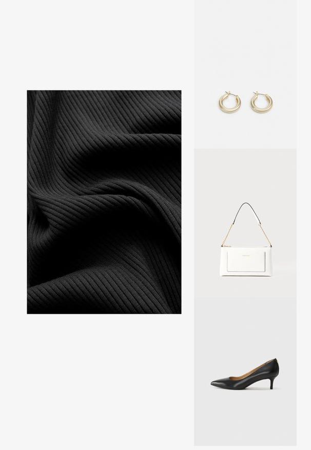 Svart ribbat tyg med en slät yta, med vertikala spår och draperade veck som skapar en lagerliknande utseende.; Svart läderpumps med spetsig tå, låg klack och slät yta. Har en liten öppning framtill och minimal hårdvara bak.; Vit läderhandväska med texturerad yta, med guldkedjeslinga och svarta accenter. Inkluderar en framsida ficka och dragkedjestängning.; Lauren Ralph Lauren BASIC SMALL HOOP - Örhänge - gold-coloured