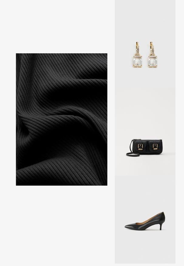 Mustra mustriga kangas, millel on siledad pinnad, vertikaalsed sooned ja koondunud voldid, luues kihilise välimuse.; Must musta musta, millel on terav nina, madal konts ja sile tekstuur. Omab pisut avatud osa ees ja minimaalset riistvara taga.; Must küllastamata nahast õlakott, millel on kaks esist nähtavat taskut, kuldsed pandlad, tõmblukuga sulgemine ja peen rihm. Tekstuuriga pind ja kompaktne ristkülikukujuline kuju.; Kuldtooni kõrvarõngad, millel on ristkülikukujuline, selge kristall, mis ripub allapoole väikeste ümmarguste selgete aktsentide rida. Viimistletud, kaasaegne disain.