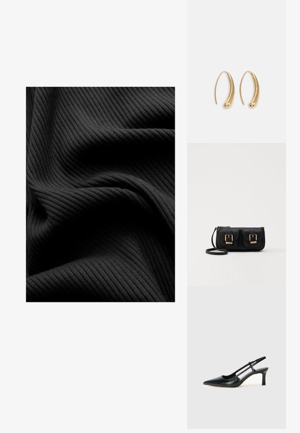 Juodas raukšlėtas audinys su lygiu paviršiumi, turintis vertikalias briaunas ir sukrautas klostes, sukuriantis sluoksniuotą išvaizdą.; Juodai lakuoti slingback aukštakulniai su smailiu nosiu, su tekstūruotu gyvatės raštu, reguliuojama juosta ir trumpu, tekstūruotu blokiniu kulnu.; Juodas odinis per petį nešiojamas krepšys su dviem priekiniais kišenėmis, auksiniais sagtimis, užtrauktuko uždarymu ir siauromis petnešomis. Textūruota paviršius ir kompaktiškas stačiakampis formatas.; Auksinės metalinės auskarų kabės su lenktą, pailgą forma. Turi lygų, blizgantį paviršių ir užapvalintą galiuką papildomam akcentui.