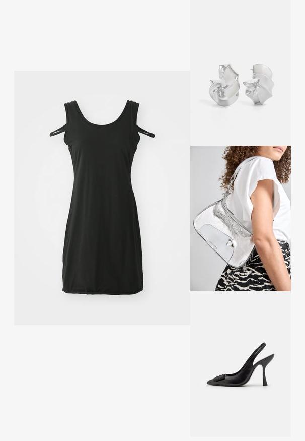 Ujjatlan, fekete ruha puha anyagból, kerek nyakkivágással és két kivágott vállpánttal. Egyenes vonalvezetésű, díszítések nélkül.; Fekete bőr pántos cipő hegyes orral, karcsú magas sarkával és dekoratív masnival. Simaság és elegáns dizájn.; Ezüst fémes válltáska sima felülettel, ívelt formával, lánchordóval, és egy fényes elülső panellel, amelyen finom logógravírozás található.; Ez egy ezüst fülbevaló, amely áramló, spirális formatervezéssel rendelkezik. Simább textúrájú, fényes felületű. Diszkrét fényt biztosít, és nincsenek látható díszítések.