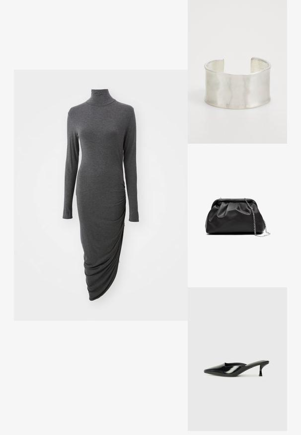 Norma Kamali LONG SLEEVE TURTLENECK SIDE DRAPE DRESS - Džersio suknelė - dark grey; Juodos lakuotos odinės šlepetės su smailiu nosiu, žemu kitten kulnu ir nuošaliais kraštais, turinčios blizgantį paviršių ir minimalistišką dizainą.; Juodas odinis portfelis su raukšlėtu dizainu, minkšta tekstūra, suapvalintu viršumi ir metaline grandine. Kompaktiška ir struktūruota siluetas.; Zign Apyrankė - silver-coloured