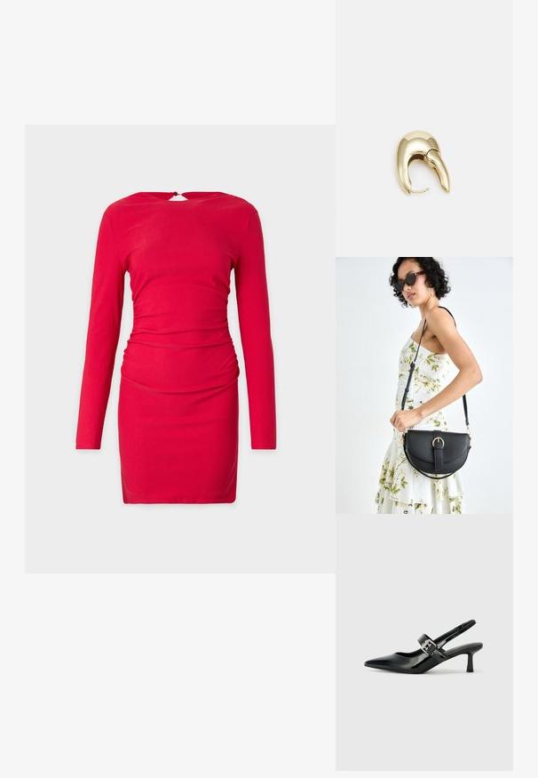 Červené dlhé šaty s rukávmi, s obtiahnutým strihom, so zúžením v oblasti pásu a výrezom v tvare kľúčovej dierky na zadnej strane. Hladká textúra látky.; Čierne patentové kožené sandále na podpätku so špicatou špičkou a malým blokovým podpätkom, s dekoratívnou striebornou sponou na remienku.; Čierna kožená kabelka s zaobleným tvarom, odnímateľným popruhom a zlatými doplnkami. Kabelka má klopu s detailom s prackou.; Náušnice z kovu v zlatej farbe s elegantným, zakriveným dizajnom. Majú charakteristický špicatý tvar, leštený povrch a uzáver na pánt.