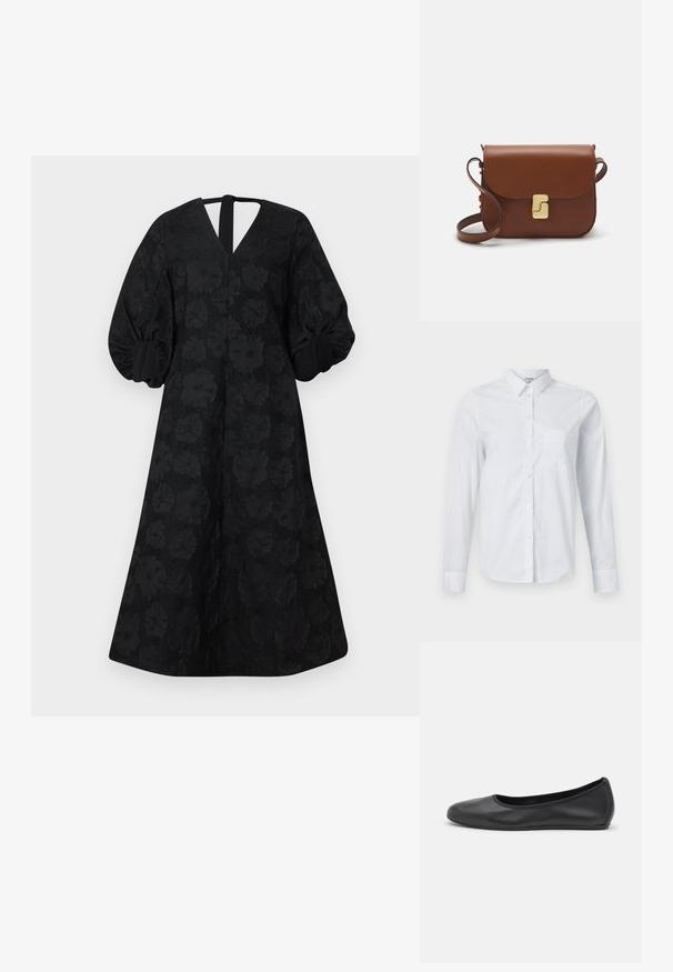Čierne šaty s kvetinovou textúrou, výstrihom do V a načechranými rukávmi. Obsahujú otvorený chrbát a A-líniovú siluetu.; Biely dlhý rukáv košeľa vyrobená z bavlny. Má gombíkovú prednú časť, špicatý golier a náprsné vrecko na ľavej strane.; Čierne kožené baleríny s okrúhlou špičkou, hladkým povrchom, minimálnym prešívaním a flexibilným dizajnom podrážky.; Hnedá kožená kabelka s klopou, zlatými kovovými prvkami, ramenným popruhom a hladkým povrchom. Kompaktný obdĺžnikový tvar.