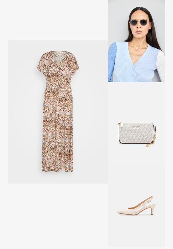 Robe maxi en tissu léger avec un motif géométrique multicolore dans des nuances de marron, de vert et de rose. Détail de taille élastique.; Talons aiguilles blanches à bride arrière avec un bout pointu, un dessus lisse, un petit talon carré et un design avec découpes latérales et sangle réglable.; Lunettes de soleil rondes avec verres sombres et monture en or. Le modèle porte un cardigan à côtes bleu clair avec des boutons et des manches blanches contrastantes.; Porte-monnaie Michael Kors en toile enduite beige avec un motif répété de logo MK, des accessoires en or et une bandoulière en chaîne amovible.