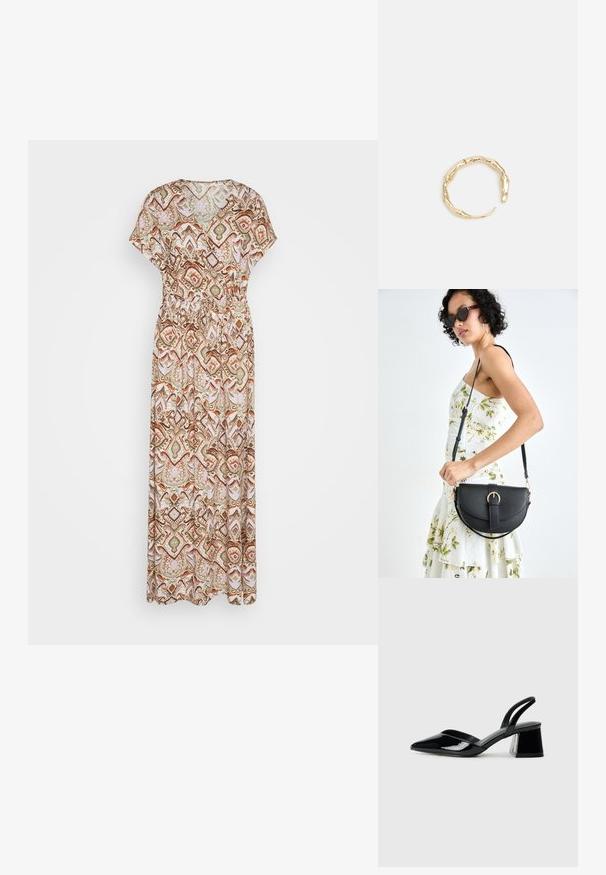 Robe maxi en tissu léger avec un motif géométrique multicolore dans des nuances de marron, de vert et de rose. Détail de taille élastique.; Escarpins en cuir verni noir avec bout pointu et talon bloc géométrique. Présente un design élégant et minimaliste ainsi qu'une texture lisse.; Sac à main en cuir noir avec une forme courbée, bandoulière amovible et des accessoires en or. Le sac est doté d'un rabat avec un détail de boucle.; Bague en or ornée d'un design organique et torsadé, avec une texture lisse et des extrémités effilées, créant une apparence moderne et sculpturale.