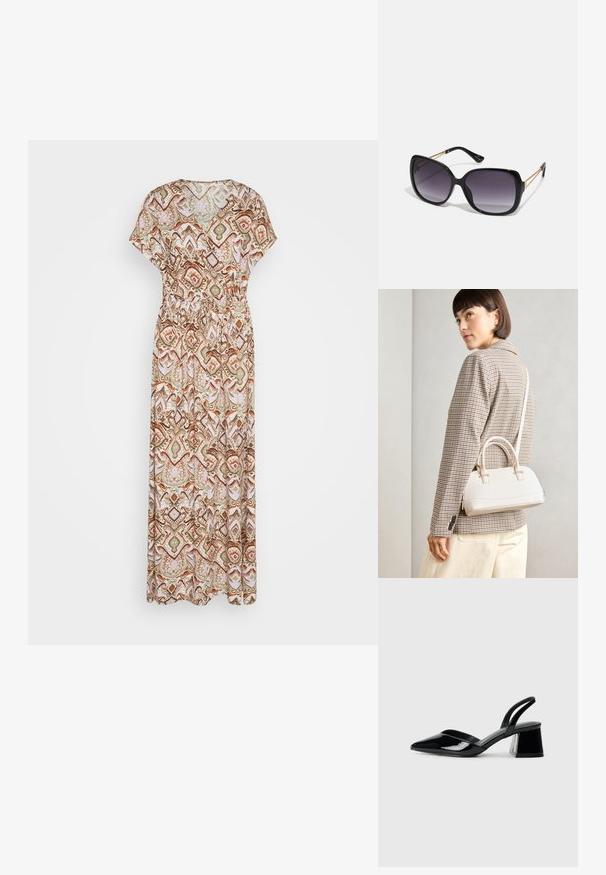 Maxi kjole lavet af letvægts stof med et flerfarvet geometrisk mønster i nuancer af brun, grøn og pink. Elastisk taljedetalje.; Sorte patentlæder slingback hæle med spids tå og en geometrisk blok hæl. Har et elegant, minimalistisk design og en glat tekstur.; Sorte oversized solbriller med gradientlinser, tykke stel og guldfarvet kæde detaljer på tempelarmene.; Hvid struktureret taske med korte håndtag og en skulderrem, prydet med guldfarvede hardwaredetaljer og tekstureret materiale, præsenteret mod en grå baggrund.
