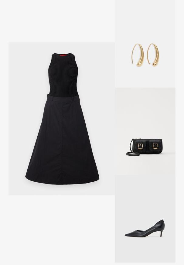Robe noire avec un corsage sans manches à côtes et une jupe fluide. Le tissu a une texture lisse avec un léger éclat.; Escarpin en cuir noir avec un bout pointu et un talon bas. Présente une texture lisse et un éclat subtil. Découpe ouverte à l'avant pour un détail supplémentaire.; Sac en cuir noir porté en travers avec deux poches avant, boucles dorées, fermeture zippée et une sangle fine. Surface texturée et forme rectangulaire compacte.; Boucles d'oreilles en métal doré en forme d'anneau, avec une forme courbée et allongée. Elles présentent une surface lisse et brillante avec une pointe arrondie pour un détail supplémentaire.