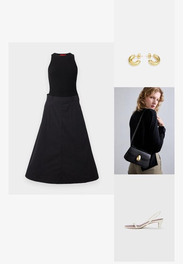 Mustikas kleit, millel on ribaga ilma varrukateta kehaosa ja voolav seelik. Kangas on sileda tekstuuriga, millel on peen sära.; Valged slingback sandaalid kergelt kontsaga, õhukeste rihmade ja sileda nahatekstuuriga; sisaldavad väikest dekoratiivset pandlat.; Mustad musta nahast käekott, millel on kõver kuju, silmapaistva kuldse ovaalse kinnise, reguleeritava rihma ja minimalistliku disainiga.; Maria Black TEMPELHOFER HOOPS - Kõrvarõngad - gold-coloured