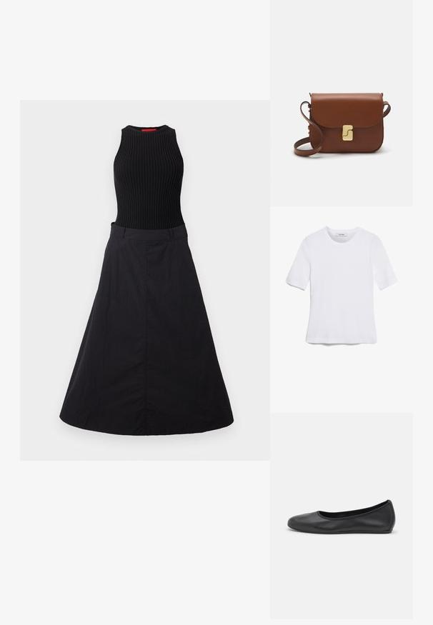 Schwarzes Kleid mit einem gerippten, ärmellosen Oberteil und einem fließenden Rock. Der Stoff hat eine glatte Textur mit subtiler Ausstrahlung.; Weißes kurzärmliges T-Shirt aus geripptem Stoff. Runder Halsausschnitt, normale Passform und dezente Nähte. Keine Muster oder Grafiken.; Schwarze Leder-Ballettschuhe mit abgerundeter Spitze, glatter Textur, minimalen Nähdetails und einem flexiblen Sohlen-Design.; Braune Ledertasche mit Klappenverschluss, Beschlägen in Goldfarbe, einem Schultergurt und einer glatten Oberfläche. Kompakte rechteckige Form.