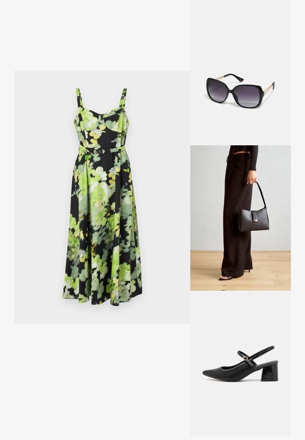Čierna kvetinová šaty so zelenými a žltými kvetinovými vzormi. Vyrobené z ľahkého materiálu, s tenkými ramienkami a opaskom v páse.; Čierne lakované kožené lodičky so slingback dizajnom, špicatou špičkou, zaobleným výrezom a blokovým podpätkom. Obsahuje akcent zlatého tónu s prackou.; Čierne oversized slnečné okuliare s gradientovými sklíčkami, hrubými rámami a zlatým retiazkovým detailom na stranách.; Čierna kabelka so štruktúrovaným tvarom, hladkou textúrou a kovovou sponou. V kombinácii so širokými čiernymi nohavicami a sandálmi s otvorenou špičkou na drevenej podlahe.