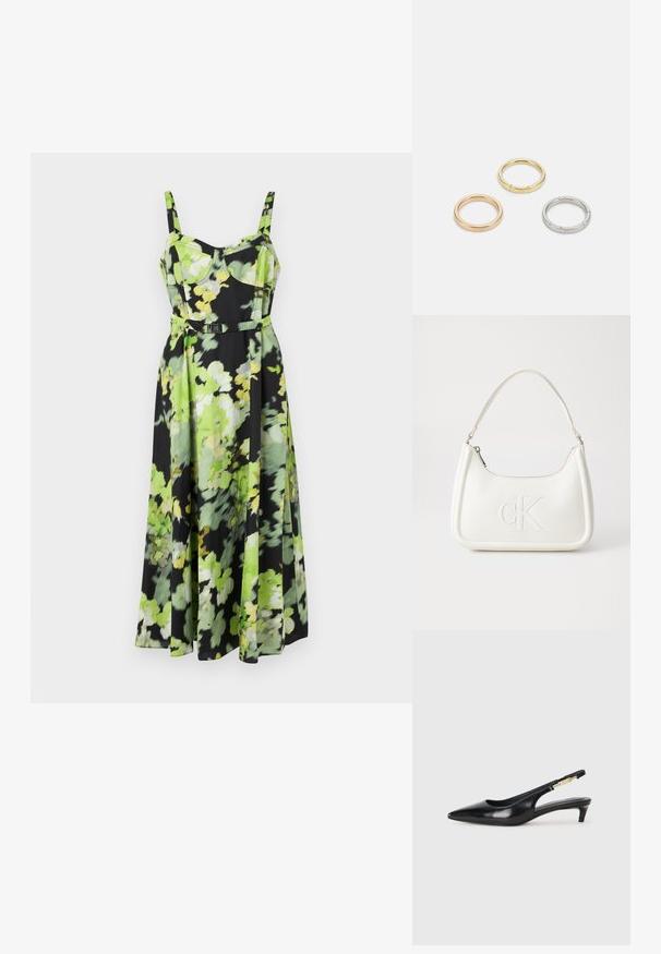Rochie florală de culoare neagră, cu modele florale verzi și galbene. Fabricată dintr-un material ușor, cu bretele subțiri și talie evidențiată cu un curea.; Sandale slingback din piele neagră cu vârf ascuțit, având un toc subțire și un accent de culoare aurie pe curea ajustabilă. Textură netedă.; Geantă de umăr din piele albă cu formă curbată, având un logo "CK" embosat pe partea din față și un singur braț de umăr. Închidere cu fermoar în partea de sus.; Trei inele din metal: unul roz aurie, unul auriu cu accente texturate și unul argintiu, toate cu branding gravat pe banda interioară.